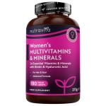 Women's Multivitamins and Minerals - 24 Essential Active Vitamins and Minerals with Added Hyaluronic Acid - 180 Vegan Tablets - No Synthetic Fillers or Binders - Made in The UK by Nutravita