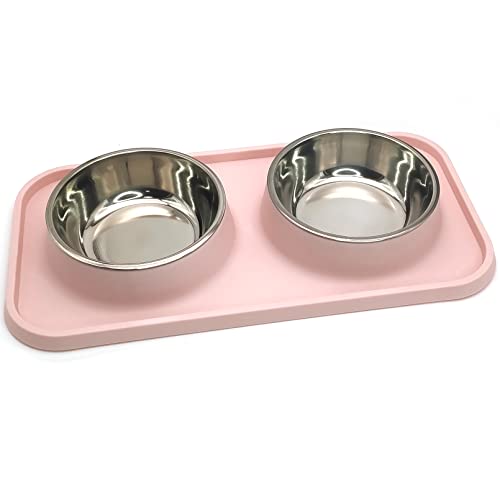 Pink Poodle Dog Food Bowls with Non-Spill Mat