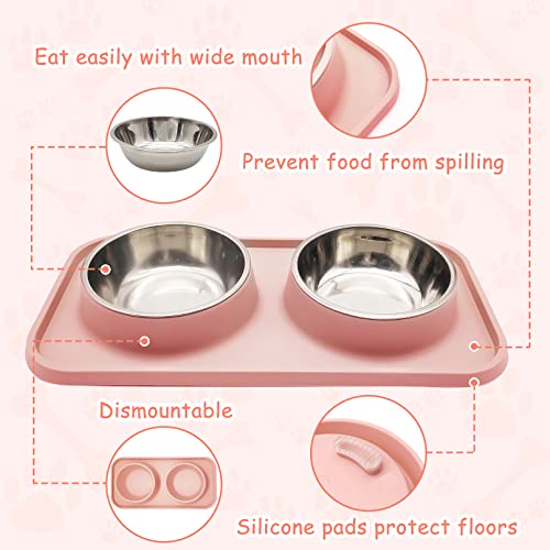 Pink Poodle Dog Food Bowls with Non-Spill Mat