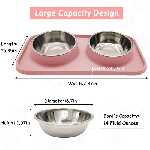 Pink Poodle Dog Food Bowls with Non-Spill Mat