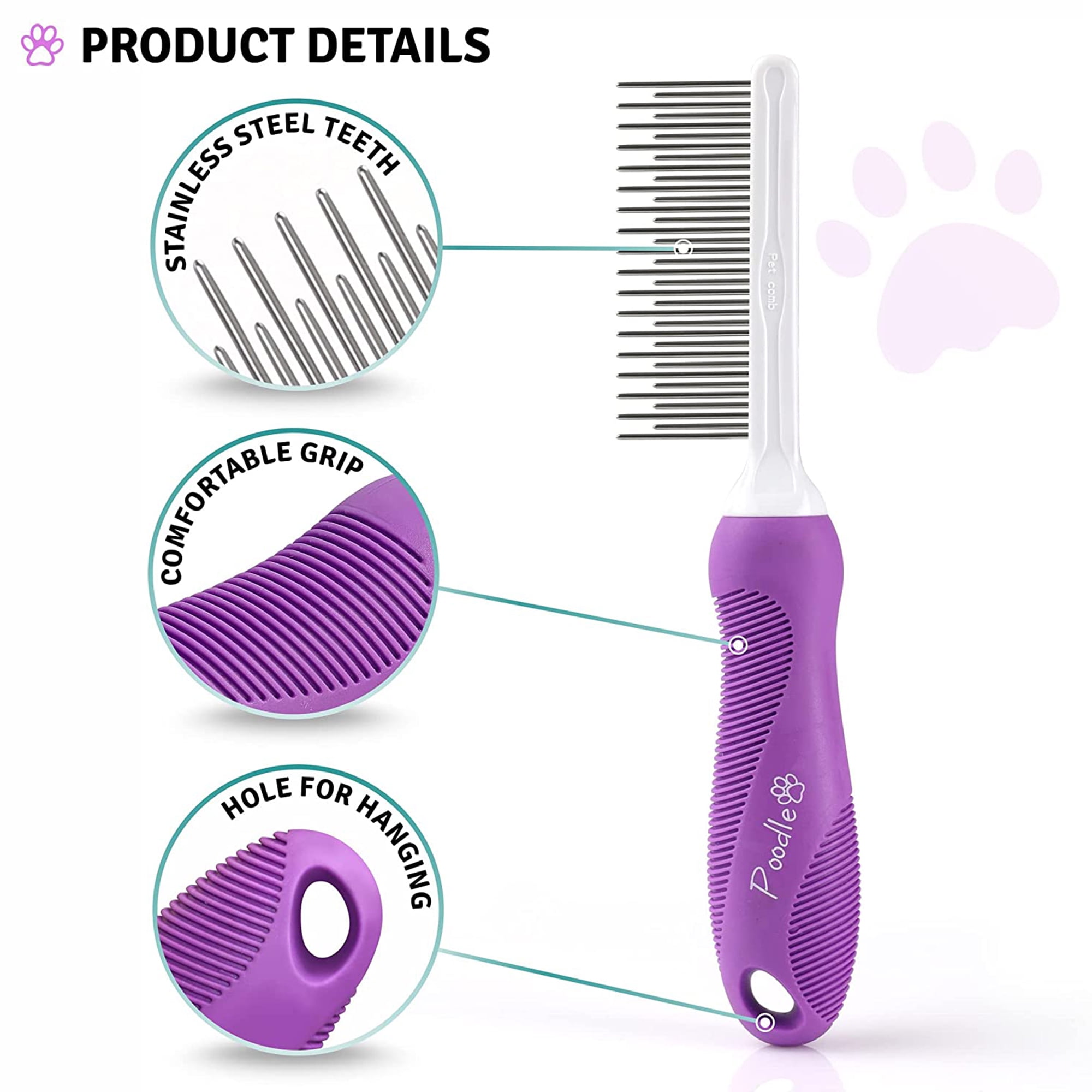 Poodle Pet Stainless Steel Detangler Comb, 2-in-1