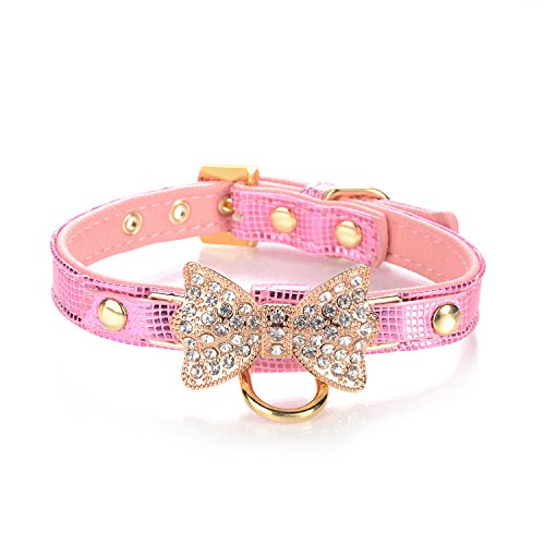 Gold Diamond Leather Collar with Tag Ring (Pink)