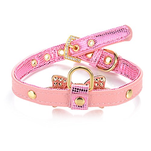 Gold Diamond Leather Collar with Tag Ring (Pink)