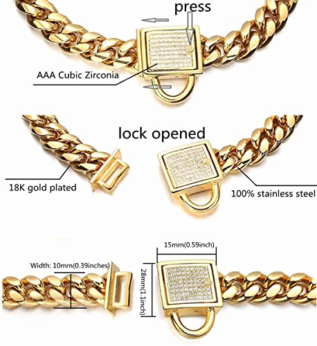 10mm Gold Cuban Link Poodle Chain Collar with CZ Diamond Lock
