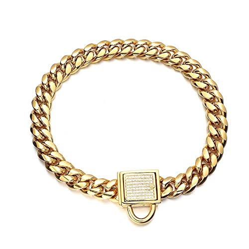 10mm Gold Cuban Link Poodle Chain Collar with CZ Diamond Lock