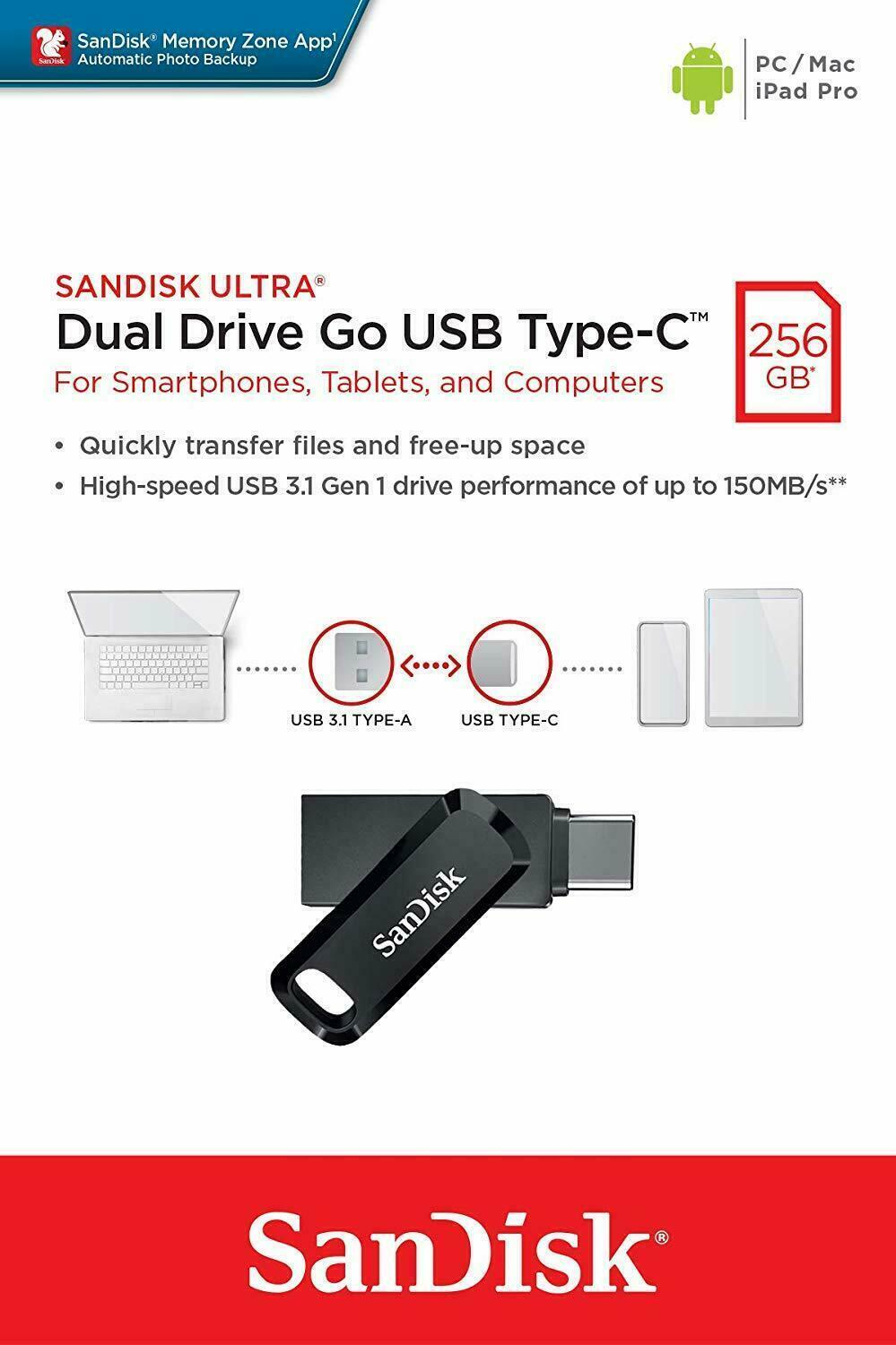 SanDisk 256GB Dual Drive Go, USB-C Flash Drive