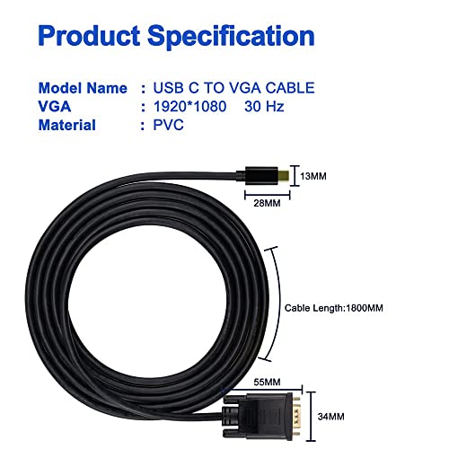 Herfair USB-C to VGA Adapter, 1080P, 1m