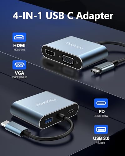 4-in-1 USB-C Hub: HDMI, VGA, USB 3.0