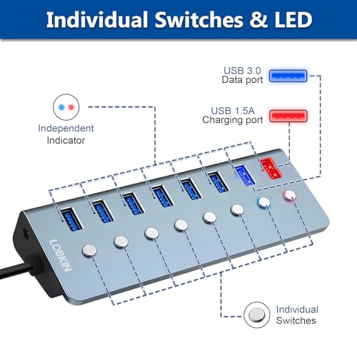 LOBKIN 7-Port Powered USB C Hub with Charging