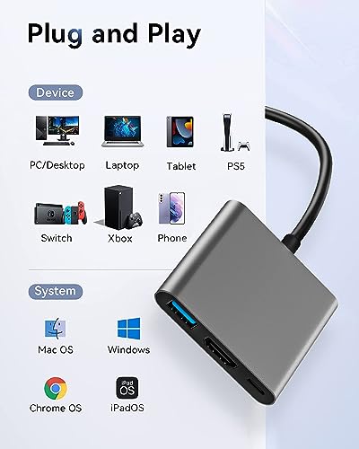 USB C to HDMI 3 in 1 Adapter, 4K Support