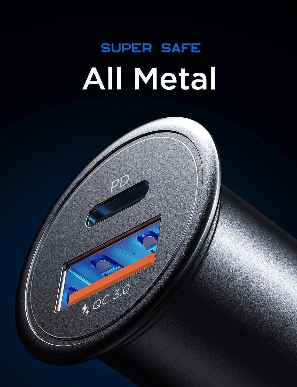 Fast USB-C Car Charger with Dual PD & QC3.0