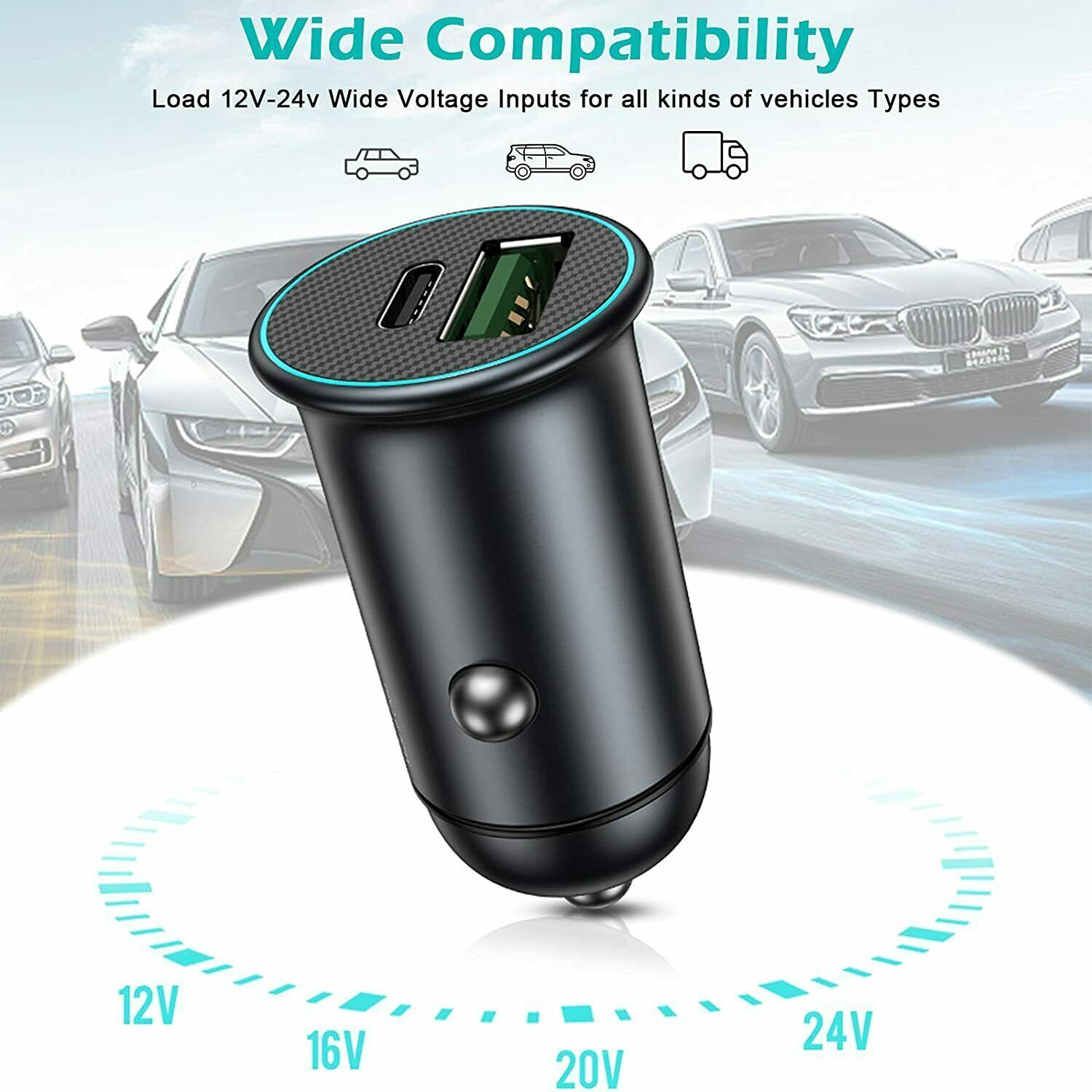 Fast Car Charger with 2 USB Ports and Type C