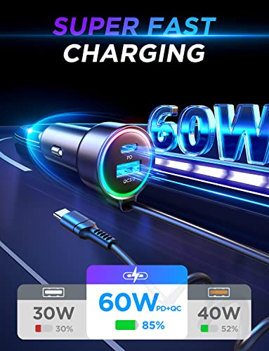 60W USB-C Car Charger with 5ft Coiled Cable