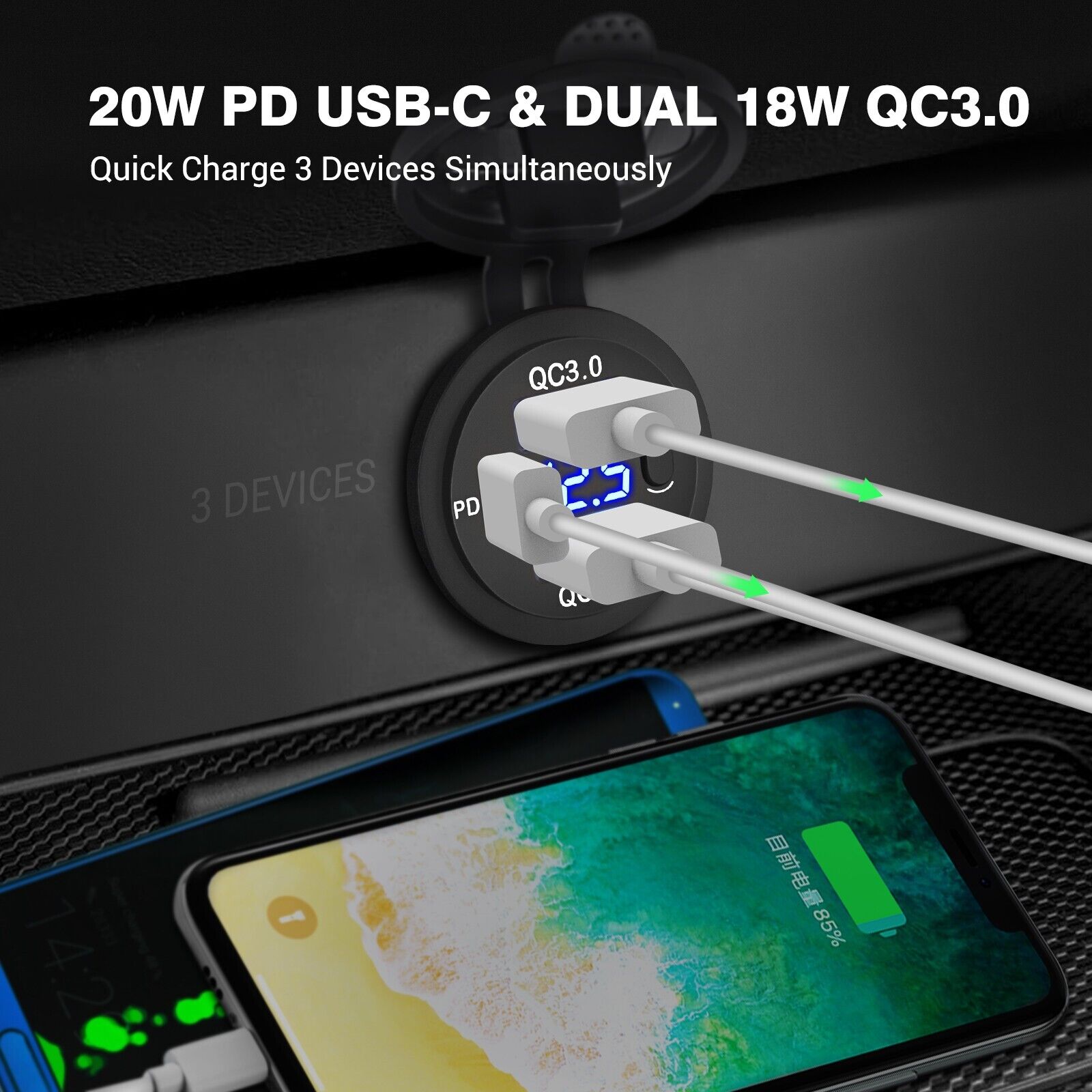 20W USB-C Car Charger with Dual QC3.0 Ports