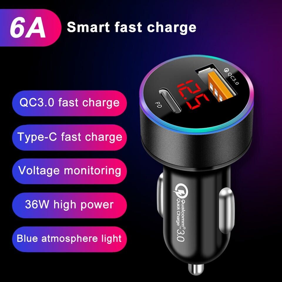 USB C Dual Port Car Charger for iPhone & Samsung