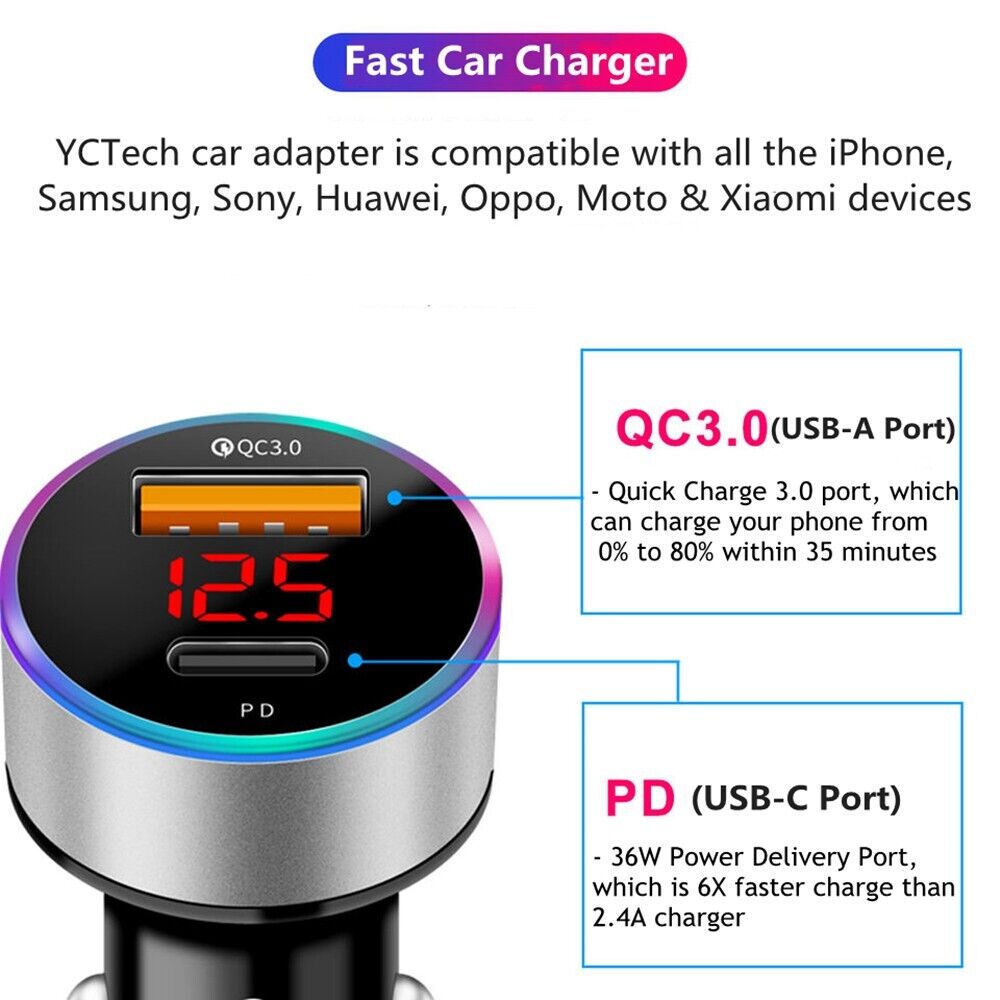 Fast USB-C Car Charger for iPhone and Samsung