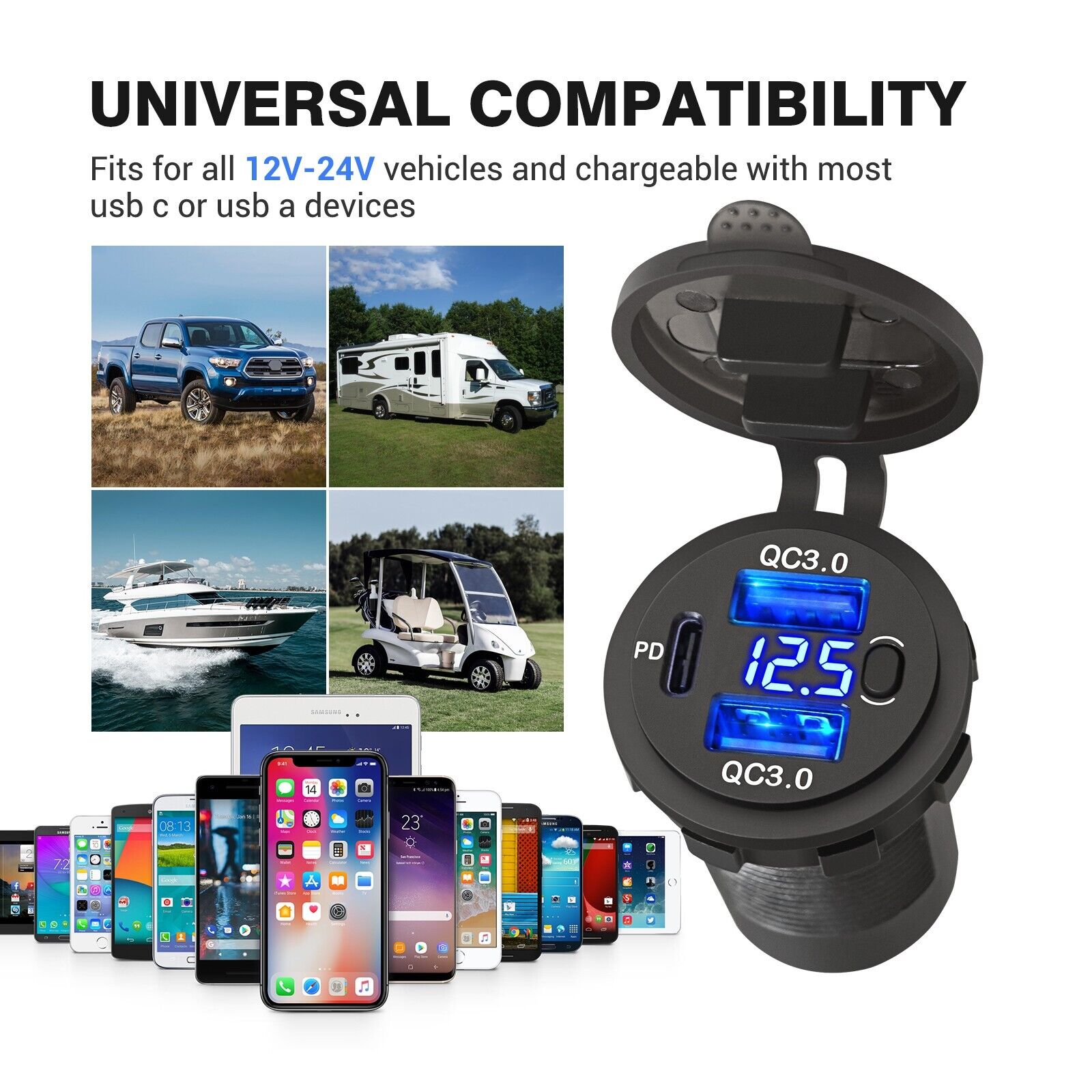 20W USB-C Car Charger with Dual QC3.0 Ports