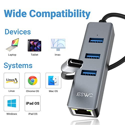 USB C to Ethernet Adapter with 3 USB Ports