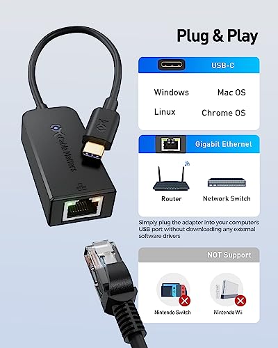 Black USB C Ethernet Adapter - Thunderbolt 4/3 Compatible