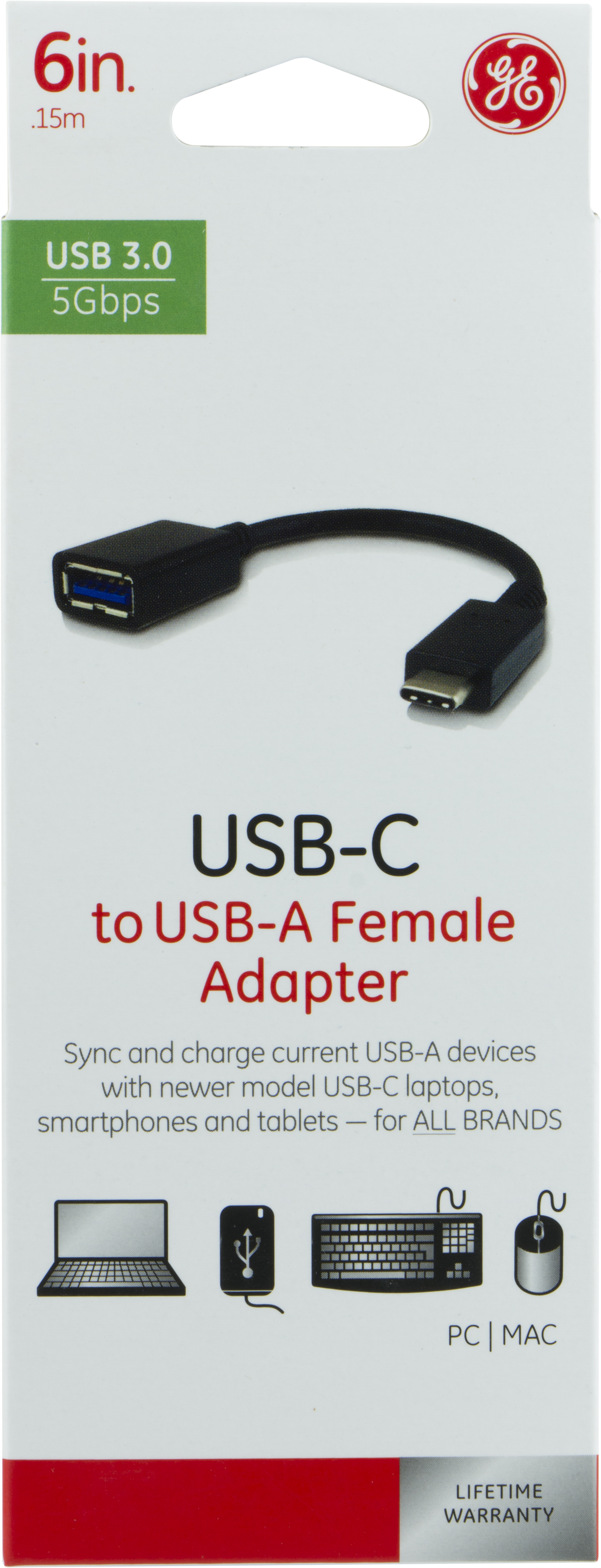 GE USB 3.0, USB-C to USB-A Female Adapter, 6in. – 33777