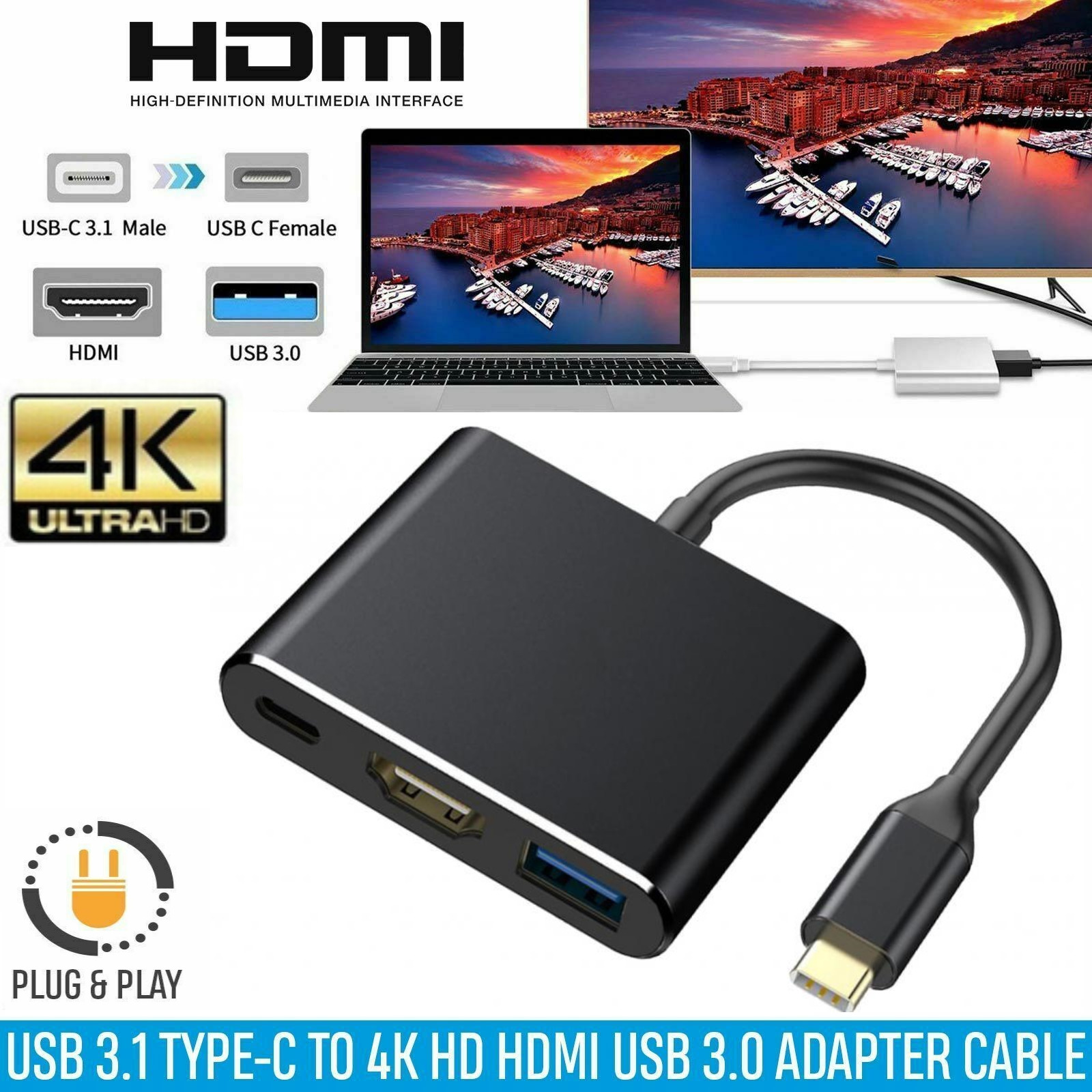 3in1 USB-C Hub Adapter for Macbook, Apple, Android