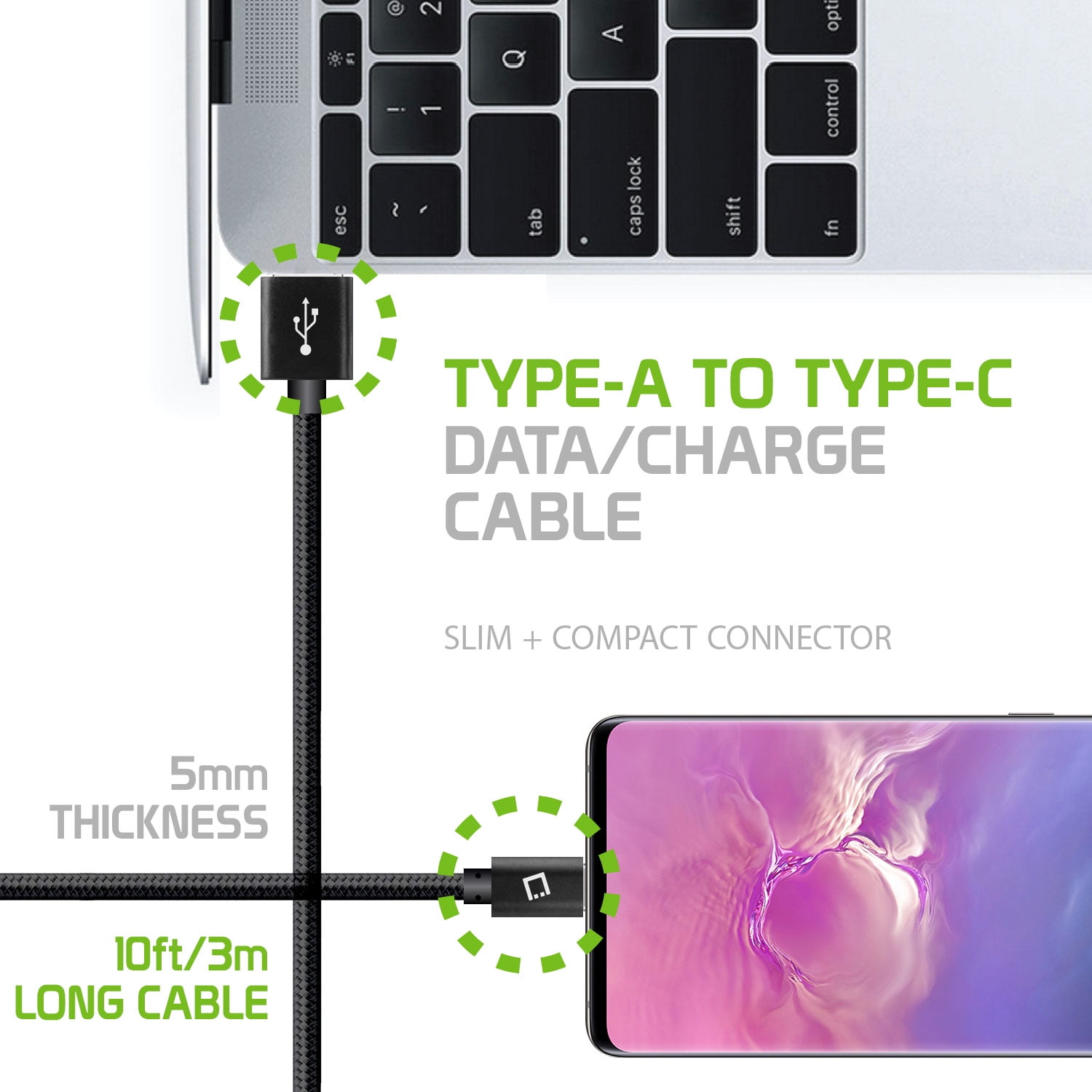10 ft Braided USB-C Cable for Samsung, LG, Motorola