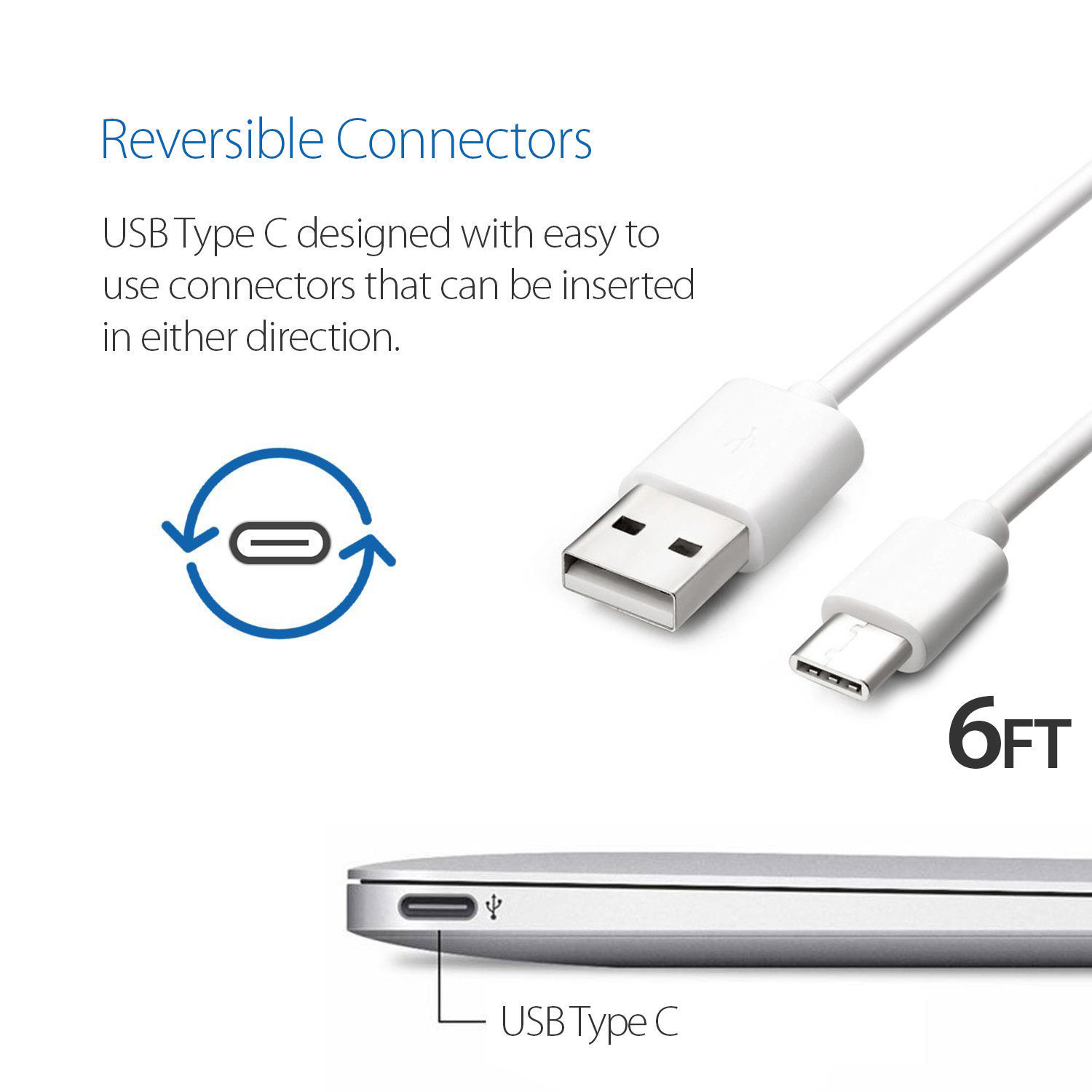 USB-C to USB-A Cable, 6.6 Feet White