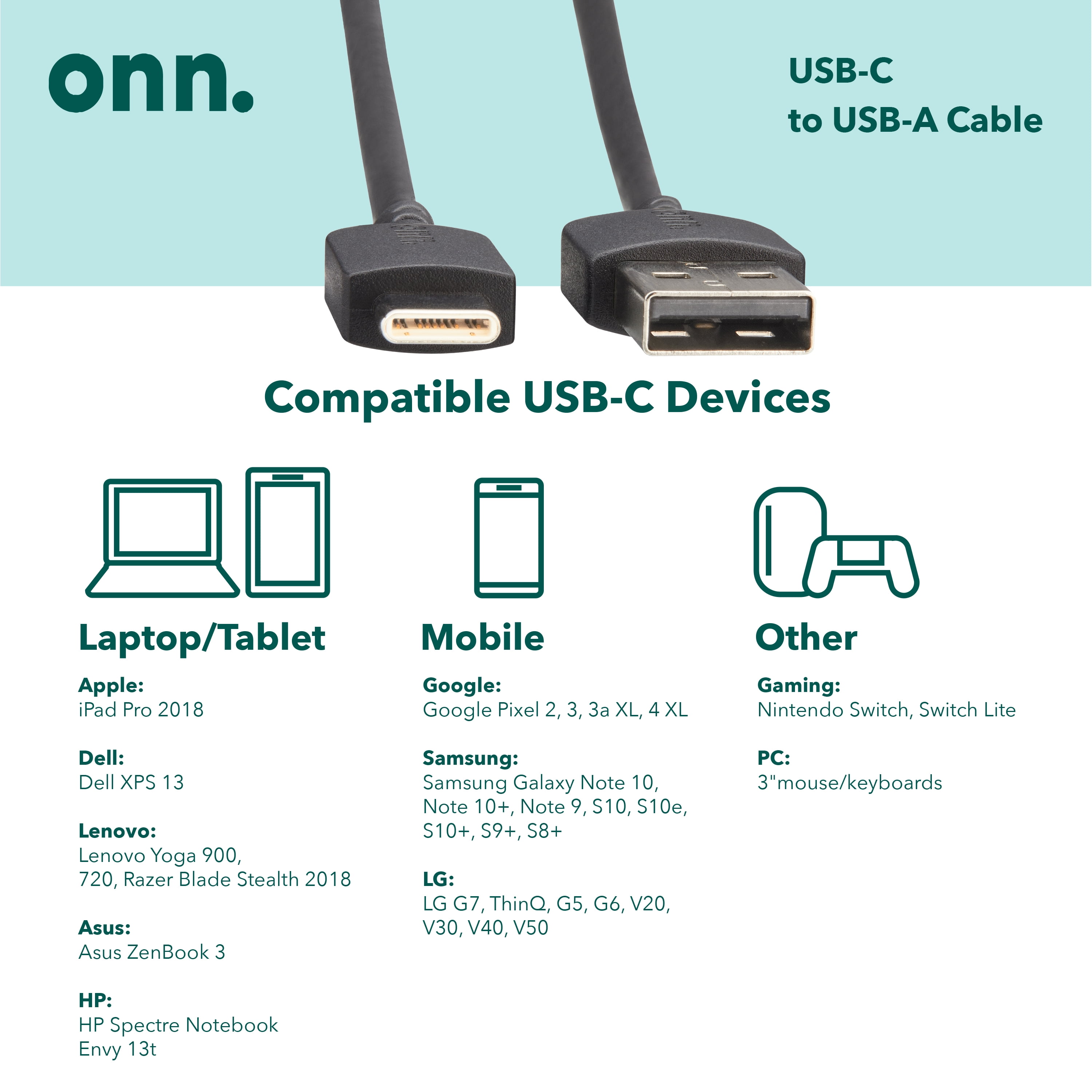 3' USB-C to USB Cable in White