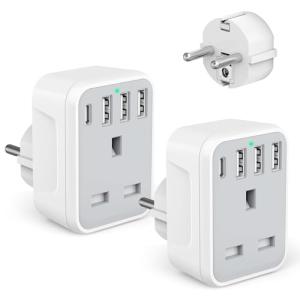 2-Pack EU to UK Plug Adapter with 4 USB Ports