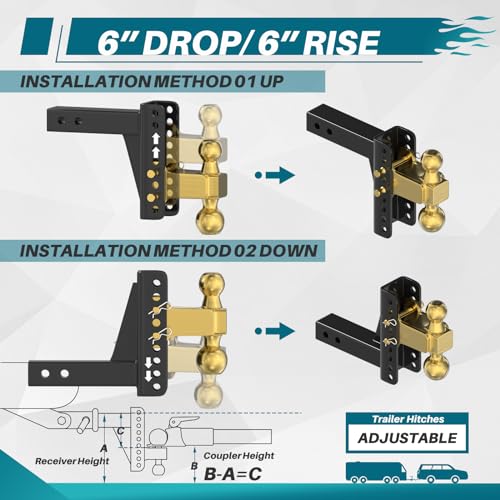 Adjustable Trailer Hitch Ball Mount 2'' Receiver 6Inch Drop/Rise