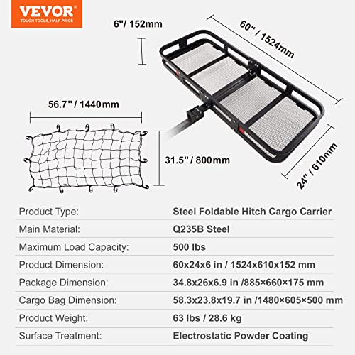 VEVOR 60x24x6 Hitch Mount Cargo Carrier with 500lb Capacity
