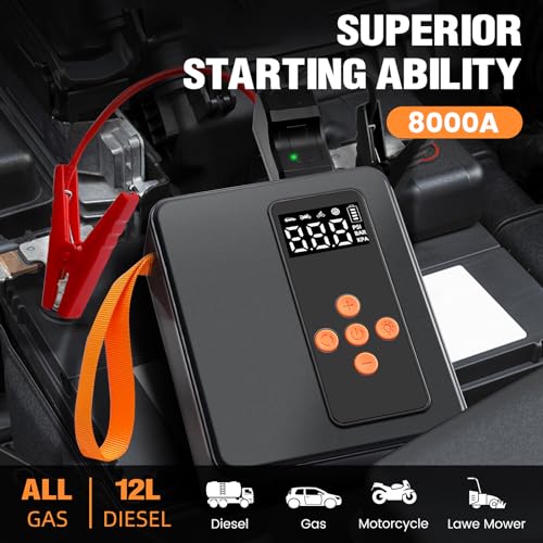 Portable Jump Starter with Air Compressor, 8000A, 32000mAh