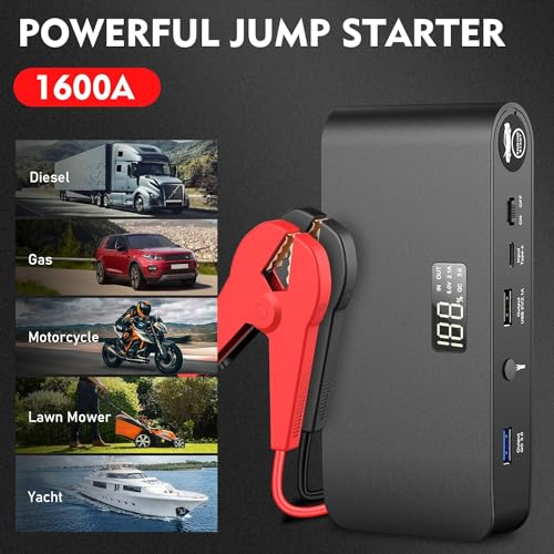 Portable 1600A Battery Jump Starter with Jumper Cables