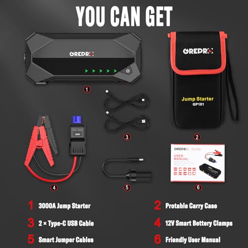 GREPRO Car Jump Starter - 3000A for 10L Gas & 8.0L Diesel Engines
