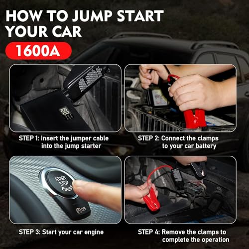 Portable 1600A Battery Jump Starter with Jumper Cables