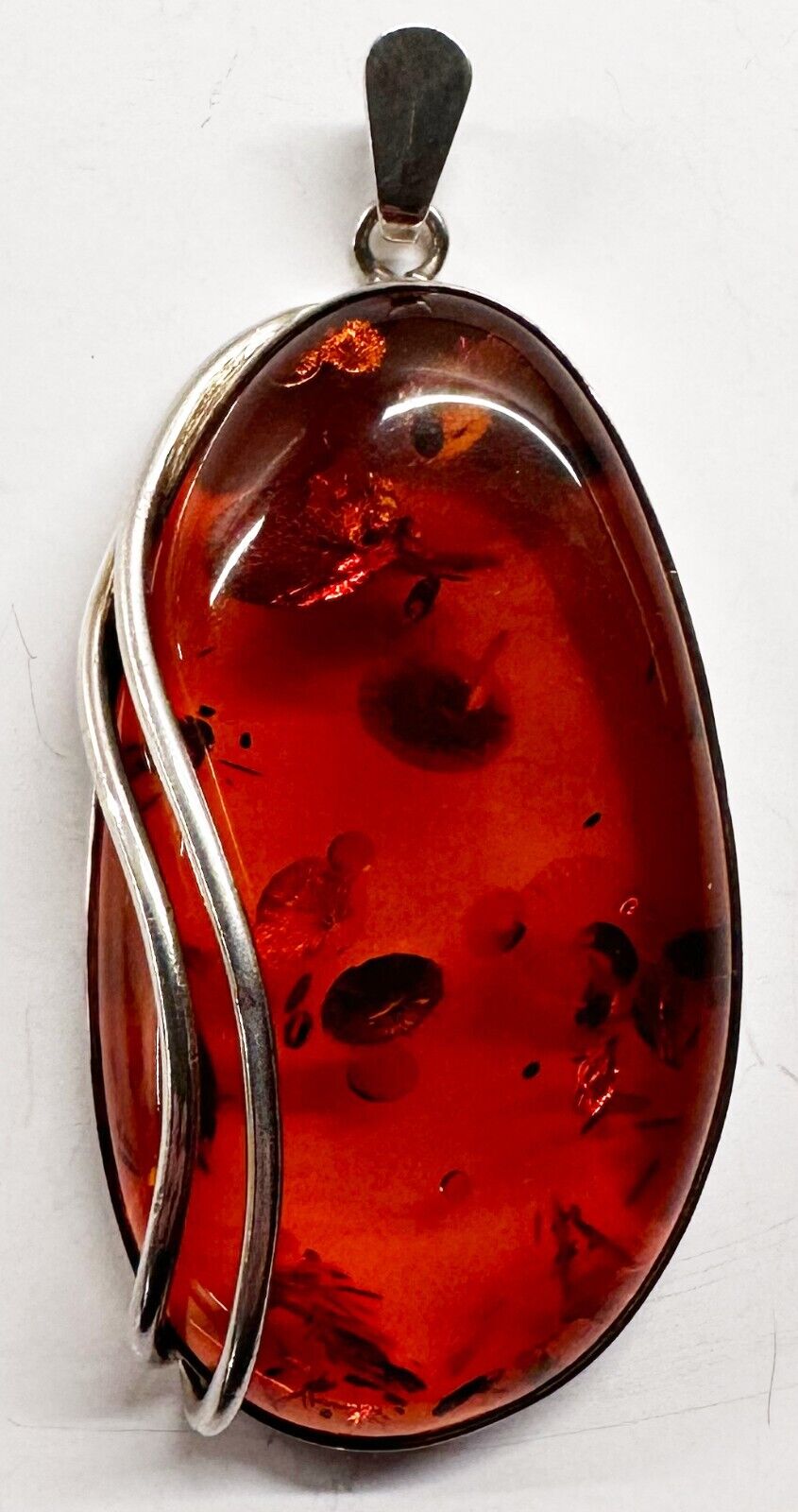 Solid 925 Silver Cognac Baltic Amber Large Pendant