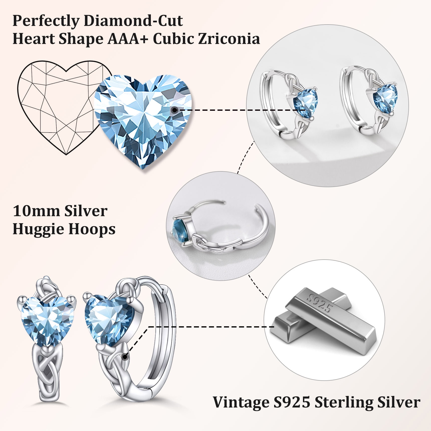 Celtic Knot Silver Hoop Earrings with Aquamarine Heart