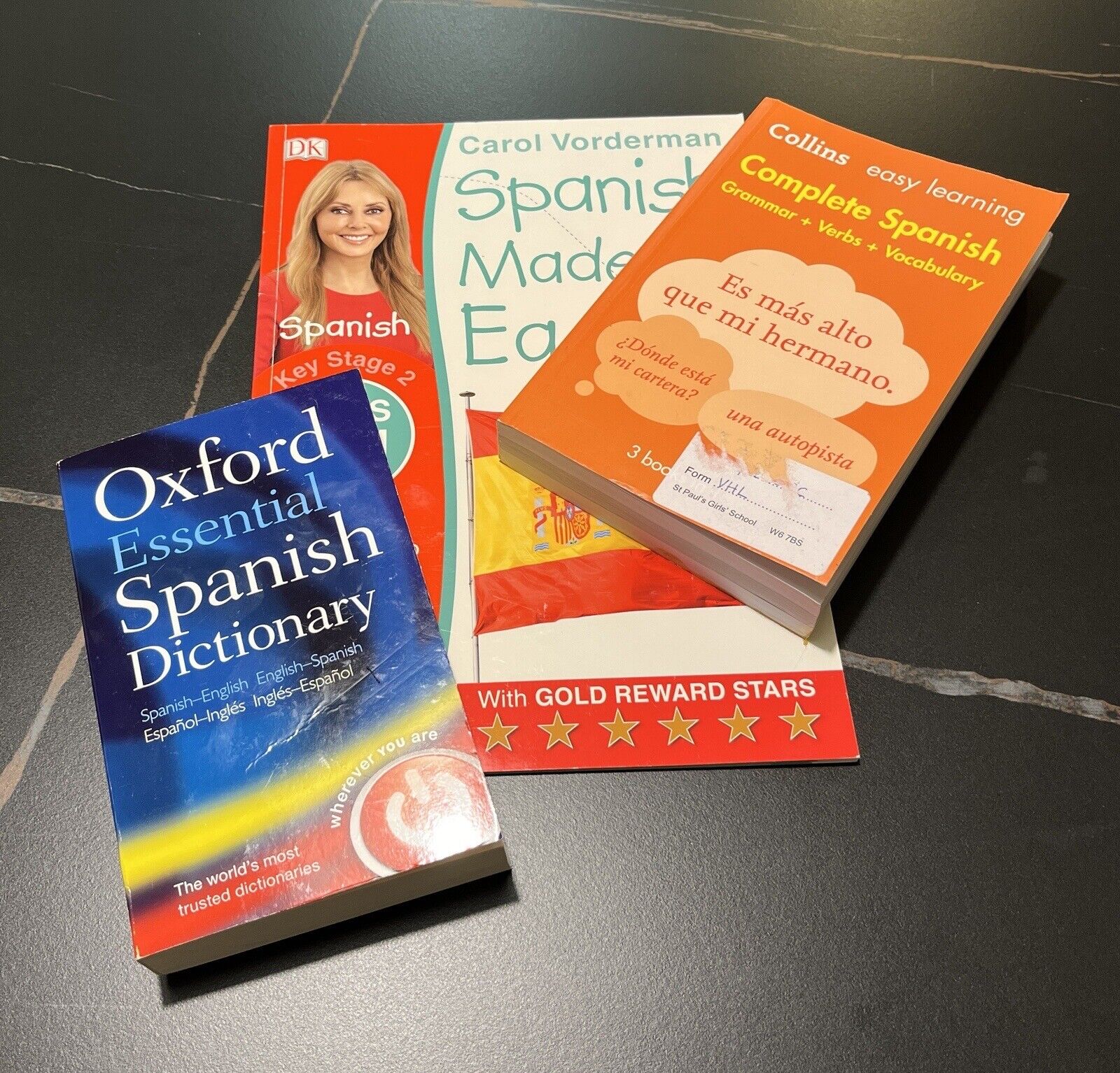 3 Spanish learning materials: dictionary, workbook, study guide