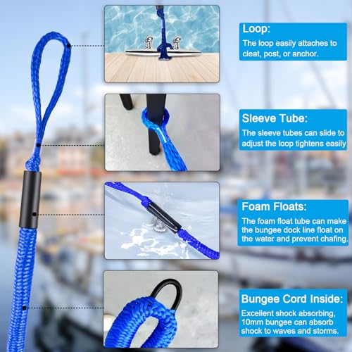 3 Pack Blue Boat Bungee Dock Lines & Accessories