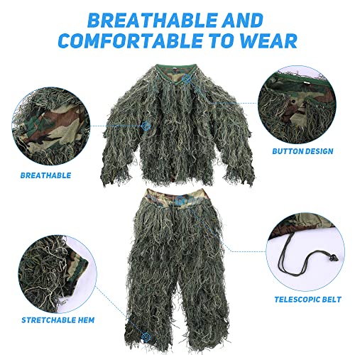 ZORVEM Kids/Youth Camo Ghillie Suit, 3D Hunting Apparel