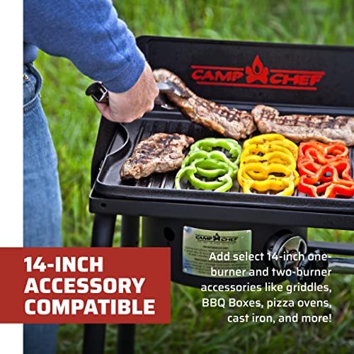 Camp Chef Explorer, Two Burner Stove, Two 30,000 BTU's cast-aluminum burners, Cooking Dimensions: 14 in. x 32 in