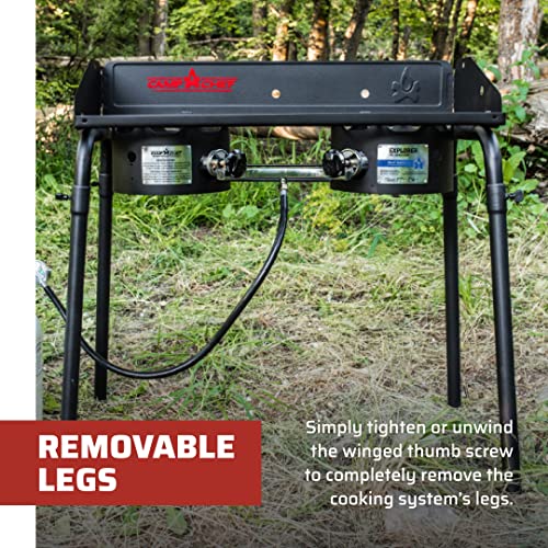 Camp Chef Explorer, Two Burner Stove, Two 30,000 BTU's cast-aluminum burners, Cooking Dimensions: 14 in. x 32 in