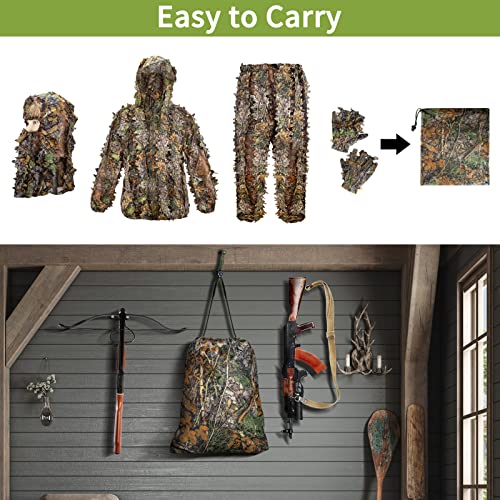 Ghillie Suit, Adult 3D Leafy Suit for Hunting, Hunting Gear Including Hunting Clothes, Hunting Gloves, Leafy Face Mask and Bag, Lightweight Leafy Camo Suit for Jungle Hunting and Halloween, L