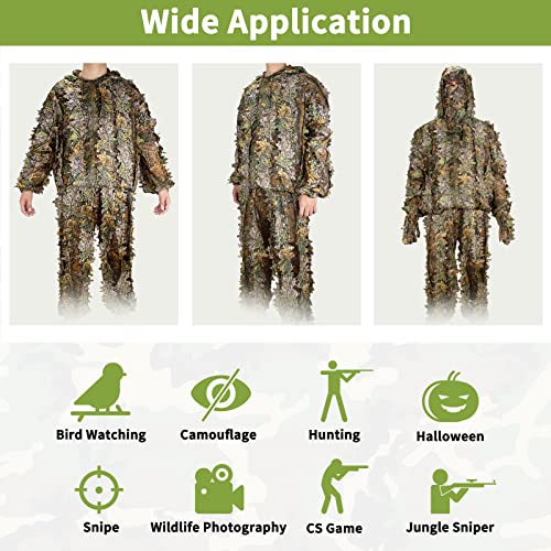 Ghillie Suit, Adult 3D Leafy Suit for Hunting, Hunting Gear Including Hunting Clothes, Hunting Gloves, Leafy Face Mask and Bag, Lightweight Leafy Camo Suit for Jungle Hunting and Halloween, L
