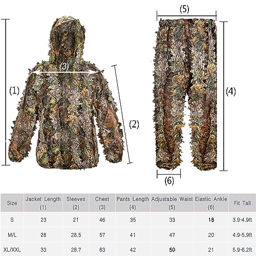 Ghillie Suit, Adult 3D Leafy Suit for Hunting, Hunting Gear Including Hunting Clothes, Hunting Gloves, Leafy Face Mask and Bag, Lightweight Leafy Camo Suit for Jungle Hunting and Halloween, L