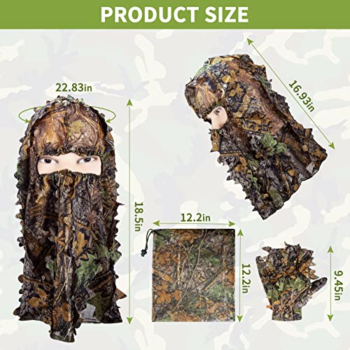 Ghillie Suit, Adult 3D Leafy Suit for Hunting, Hunting Gear Including Hunting Clothes, Hunting Gloves, Leafy Face Mask and Bag, Lightweight Leafy Camo Suit for Jungle Hunting and Halloween, L