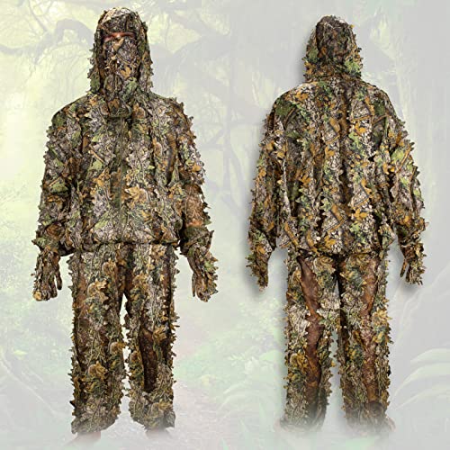 Ghillie Suit, Adult 3D Leafy Suit for Hunting, Hunting Gear Including Hunting Clothes, Hunting Gloves, Leafy Face Mask and Bag, Lightweight Leafy Camo Suit for Jungle Hunting and Halloween, L