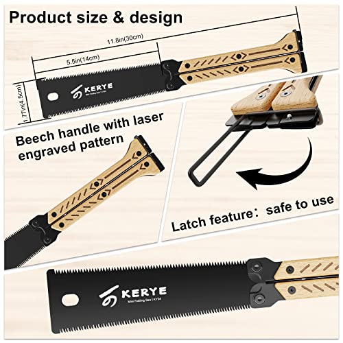 KERYE Hand Saw Woodworking Hand Tools, 5.5 Inch Mini Folding Saw SK5 Blade Mini Wood Saw, 13/14 TPI Double Edges Pull Saw, Flush Cut Saw for Hard/Soft Wood, Camping Saw, Christmas Gifts for Men-KY04