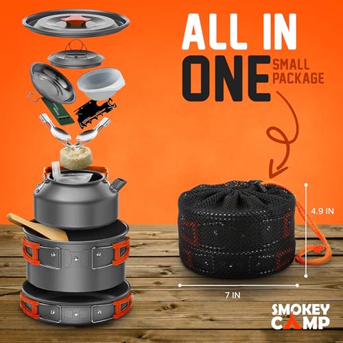 17 Pcs Smokey Camp Backpacking Cooking Set - Compact Camping Cookware Mess Kit, All in One Camping Cooking Set, Non-Stick Camping Cookware Kit, Hiking, Picnic, Outdoor & Camping Cookware Set