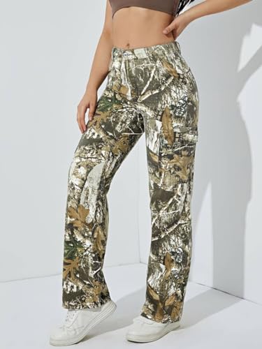 Women's Camo Cargo Pants High Waist Baggy Wide Leg Camouflage Army Fatigue Slim Fit Pockets Sweatpants